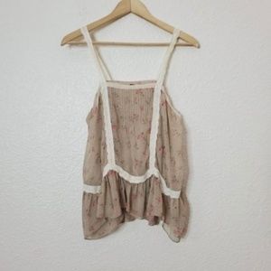 Free People Taupe & Pink Rose Print Lace Tank